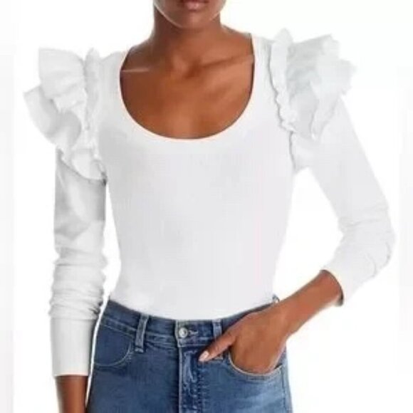 Veronica Beard Jeans Avedon Ribbed T-Shirt Long Sleeve Ruffle Shoulders Size - M - Picture 1 of 6